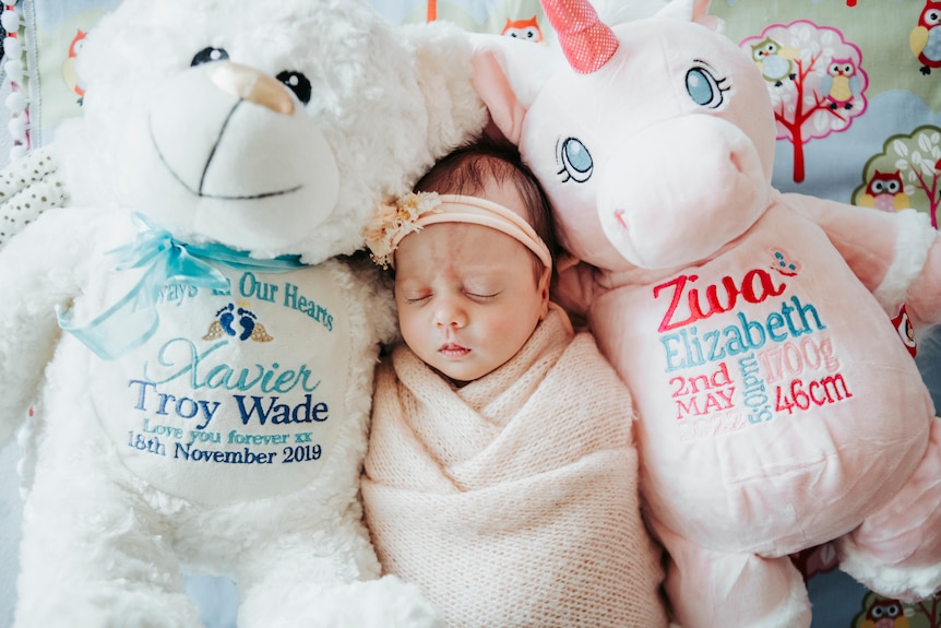 a newborn baby girl between two oversized soft toys, one with brother's birth daye on it