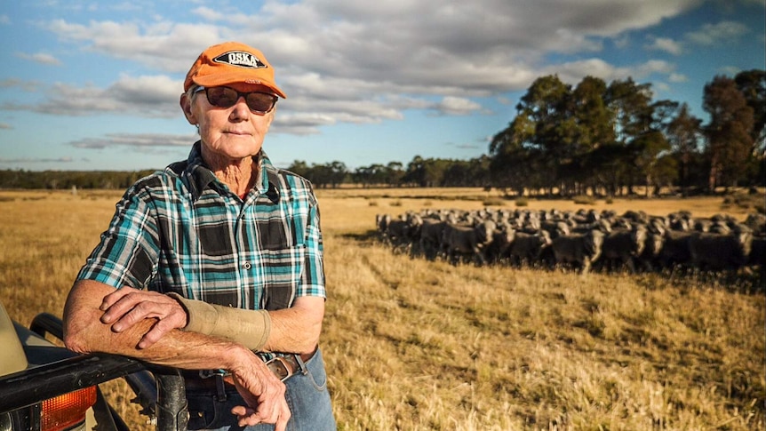 Irene Glover sits and contemplates on a woodpile on her property in the Central Plateau.