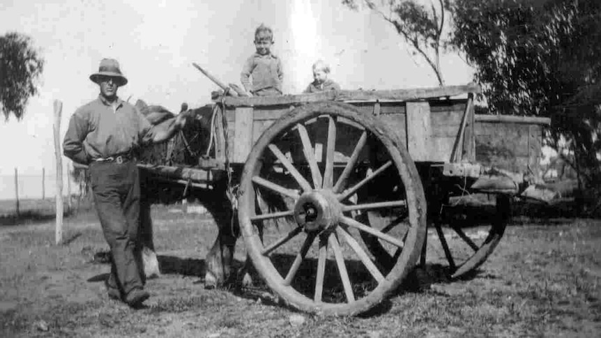 Tom White and his family on the Carnamah Western Australia soldier settlement property. Mr White had been working on farms in the south of the state for just two years before war broke out.