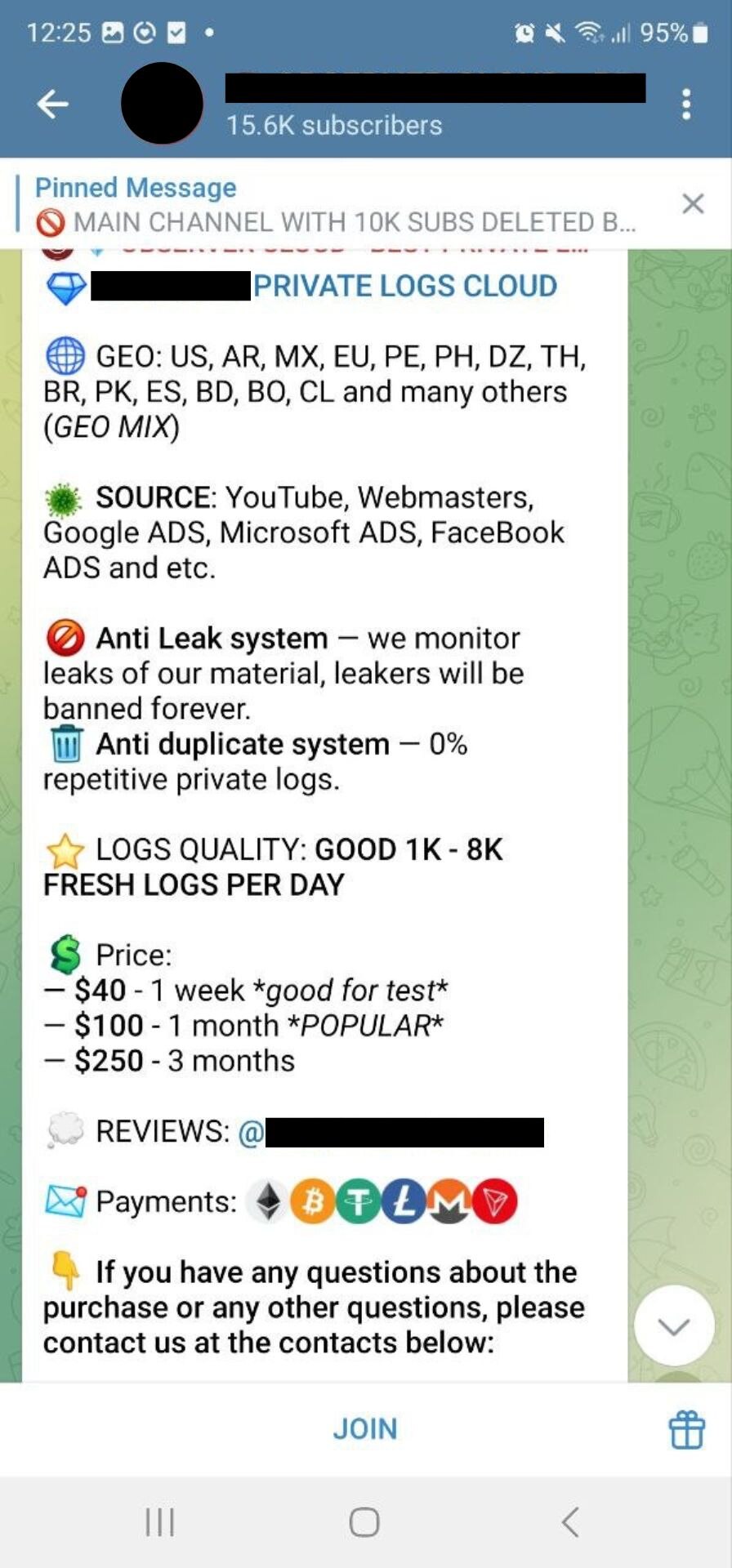 A Telegram post advertising "GOOD 1K - 8K FRESH LOGS PER DAY"