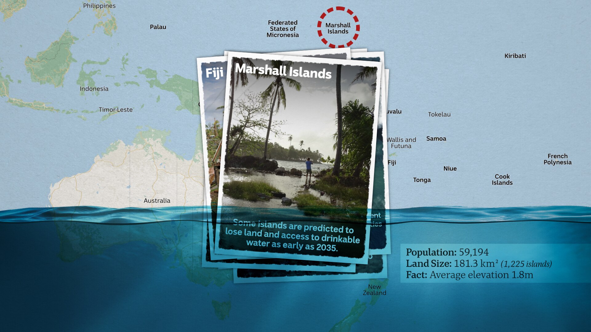 A postcard showing flooded land in the Marshall Islands.