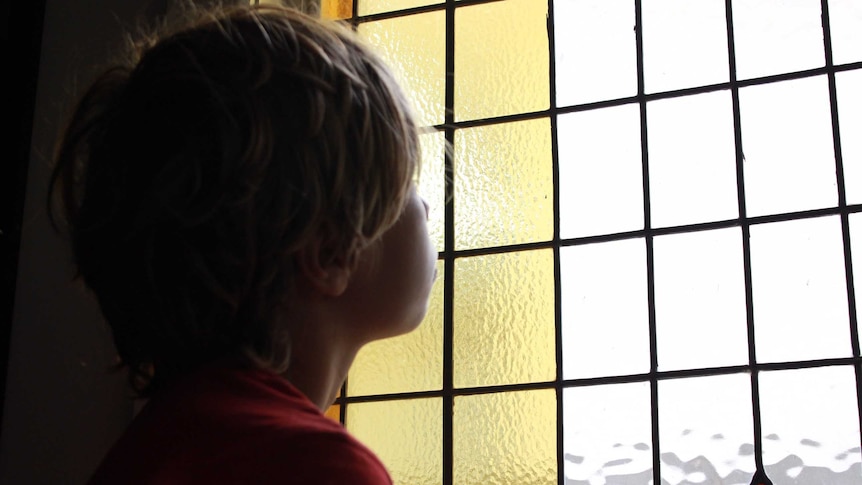 A boy looks out of a window.