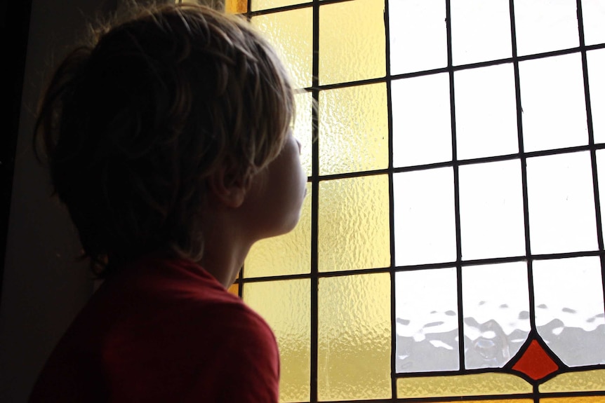 A boy looks out of a window.