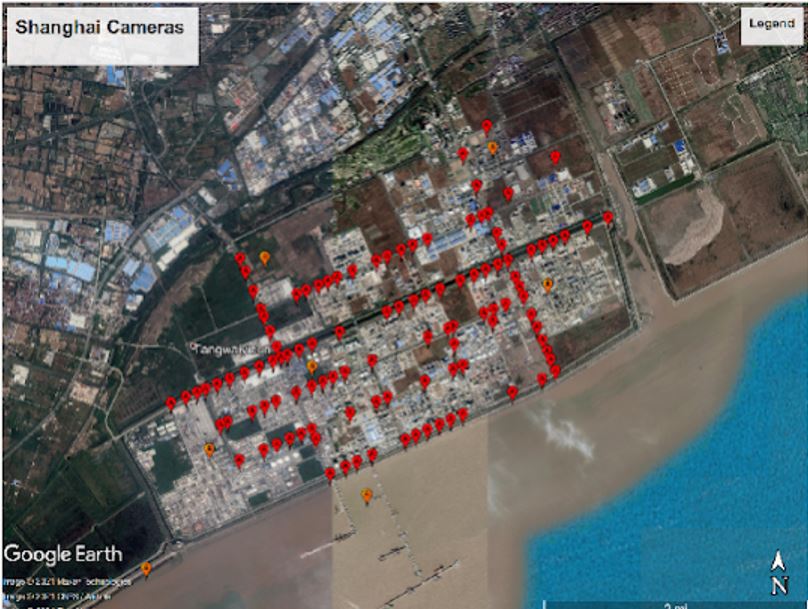 A satellite map showing the locations of surveillance cameras in Shanghai's port area.