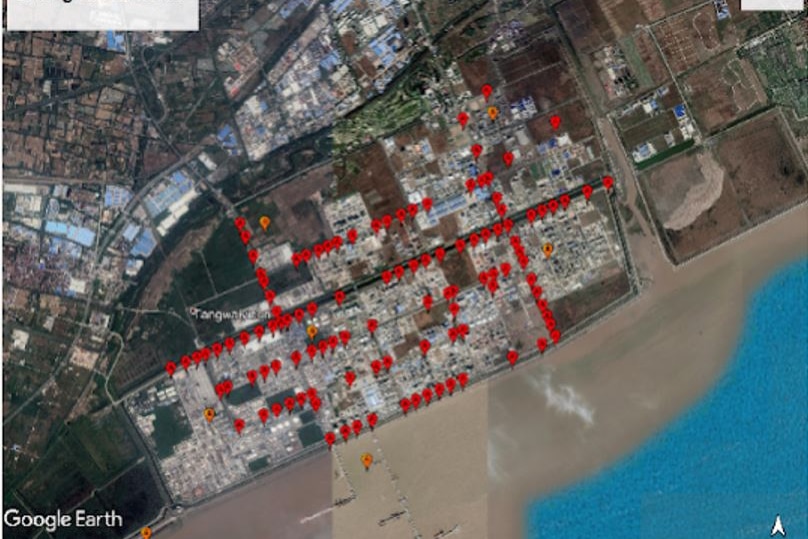 A satellite map showing the locations of surveillance cameras in Shanghai's port area.