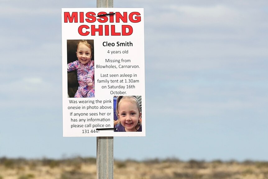 A poster titled Missing Child in red lettering, with two pictures of a little girl and written details about her, 