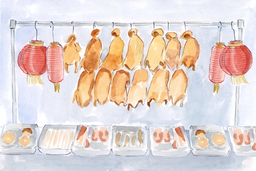 An illustration of a stall in a Beijing market, with cooked ducks on display.