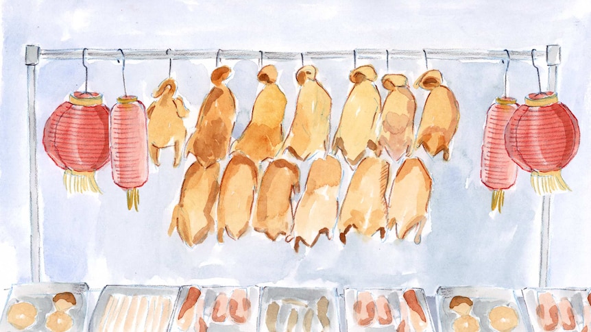 An illustration of a stall in a Beijing market, with cooked ducks on display.