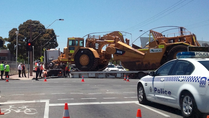 A semi-trailer blocks the junction of Diagonal and Oaklands Roads in Warradale, Adelaide