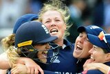 Anya Shrubsole hugs her teammates as England wins Women's World Cup