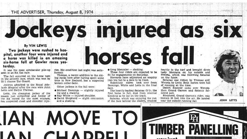 Newspaper article about injured jockeys.