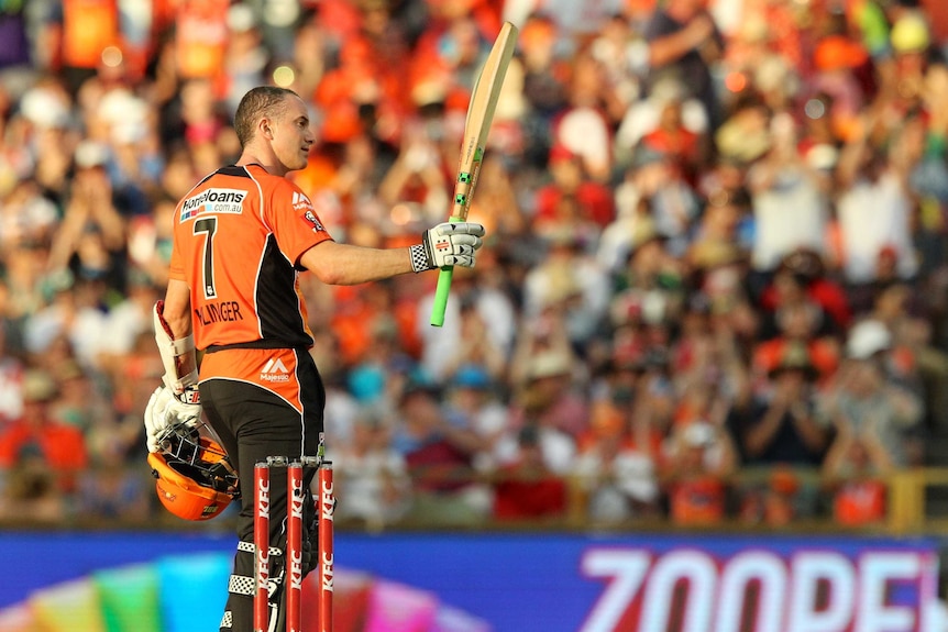 Michael Klinger raises his bat to the WACA ground