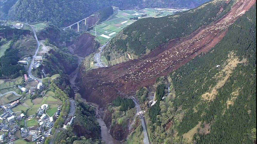 An aerial view of a landslide in Mimami-Aso