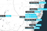 Map of NSW with various cities and towns water restrictions