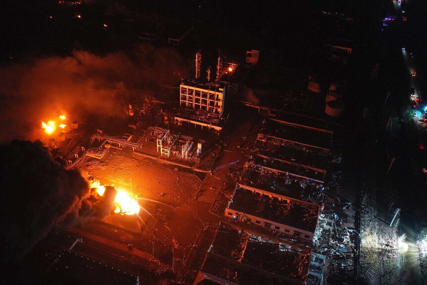 Aerial view of factory fire in China