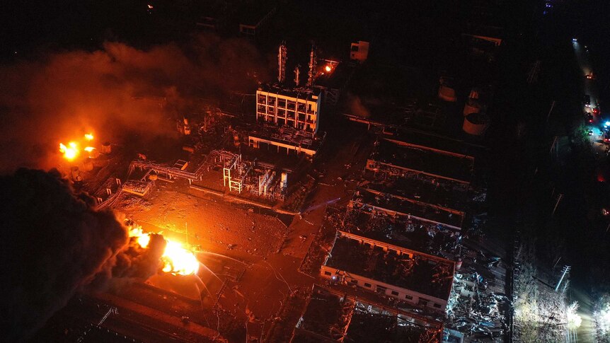Aerial view of factory fire in China
