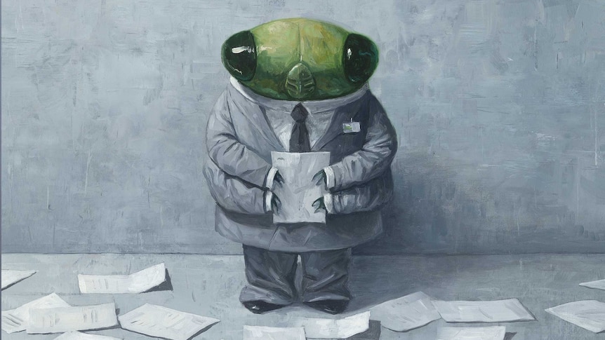 A drawing of a green insect in a grey suit by a grey wall, holding a piece of paper and surrounded by more paper on the ground.