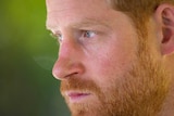 A close-up shot of Prince Harry looking on to the left
