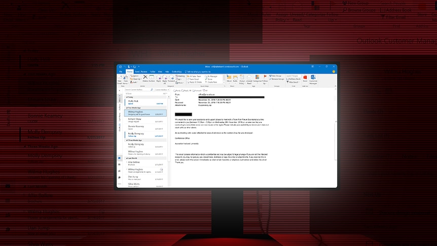 Graphic of computer on desk, the screen shows Microsoft Outlook email browser. Room background is dark red.