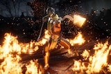 A video game character wearing a yellow outfit surrounded by fire on the ground
