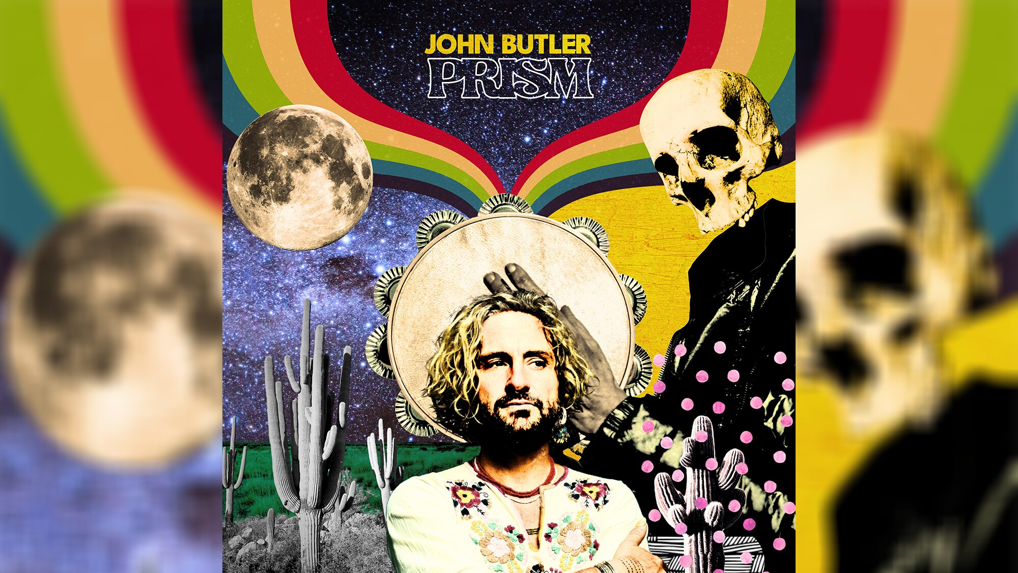 psychedelic collage of John Butler against cactus-lined horizon at night, with skull figure playing tambourine behind him