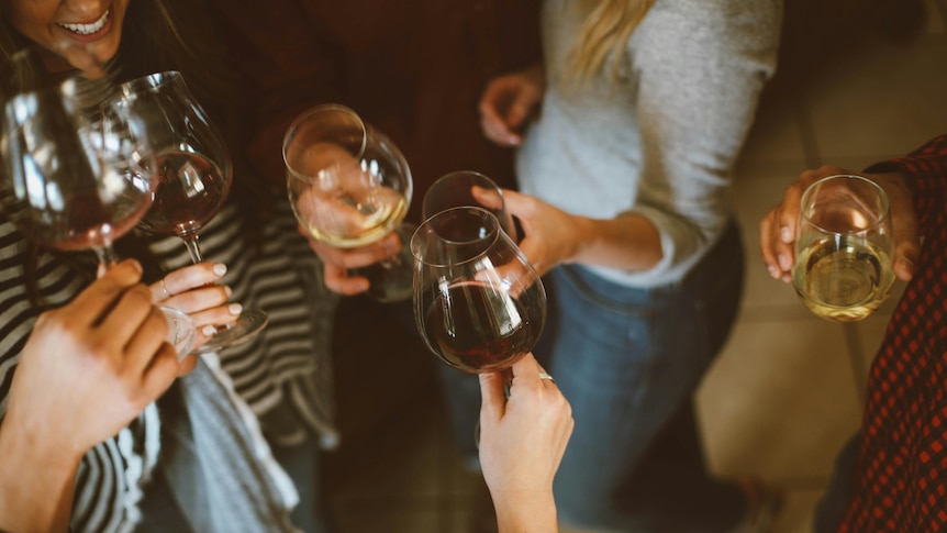 Photo of women holding glasses of wine, taken from above.