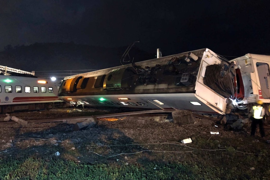 Train carriages after derailment in Taiwan