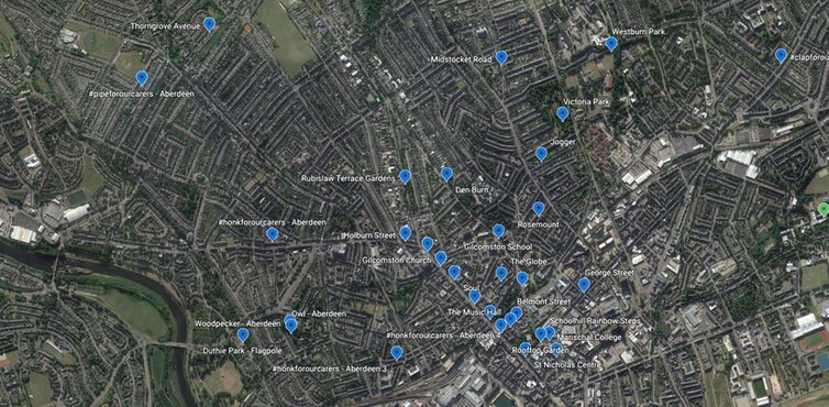 Aerial map of Aberdeen with pin points on it