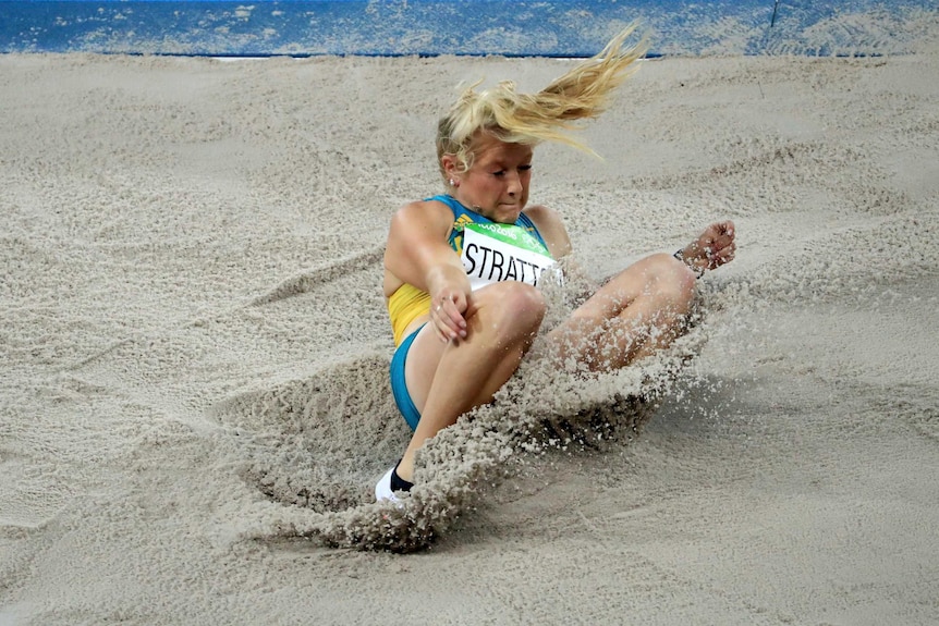 Brooke Stratton lands in the sand