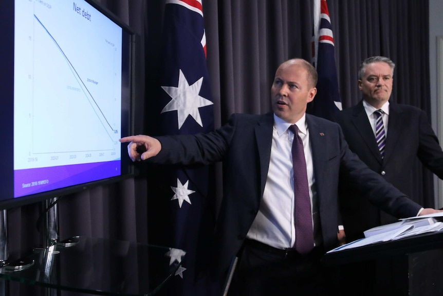 The Treasurer points to a screen showing net debt declines as the Finance Minister looks on.
