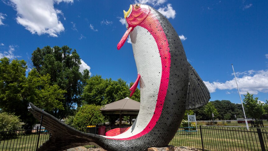 A large statue of a big rainbow trout