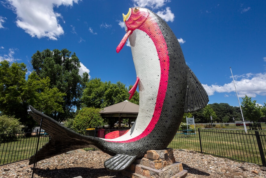 A large statue of a big rainbow trout