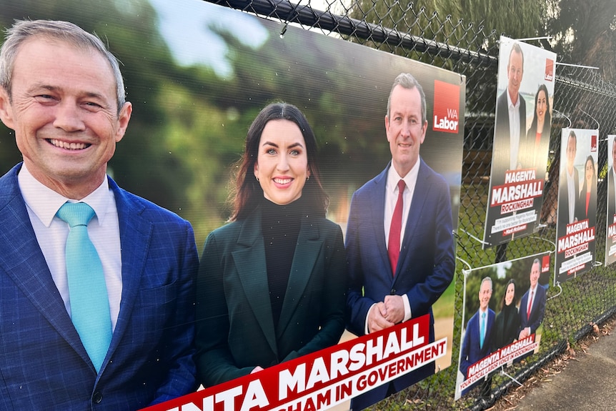 A poster featuring Roger Cook, Mark McGowan and Magenta Marshall encouraging people to vote for Labor in the by-election