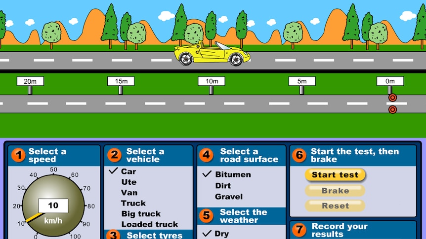 Game screenshot shows car on road, numbered panels to select speed, vehicle, tyres, road surface, weather