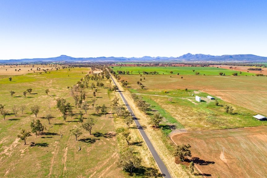 Long straight road in green farm land leading towards mountains in background.