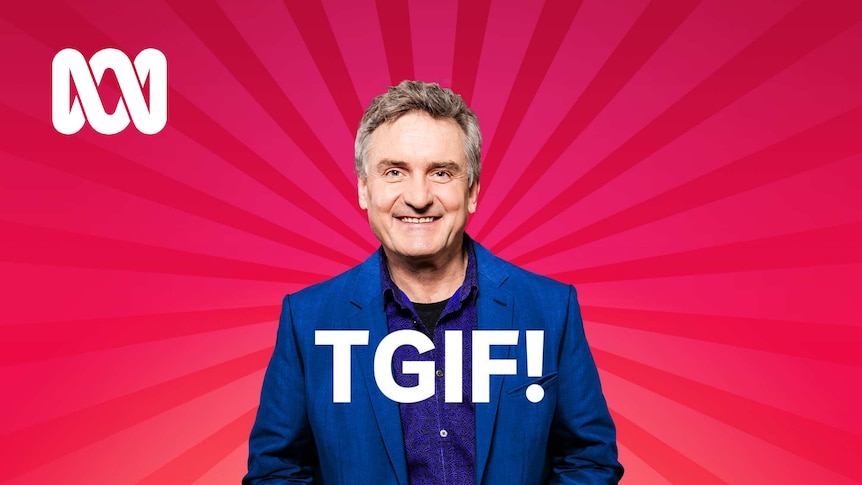 image of Richard Glover in front of hot pink striped background with TGIF!
