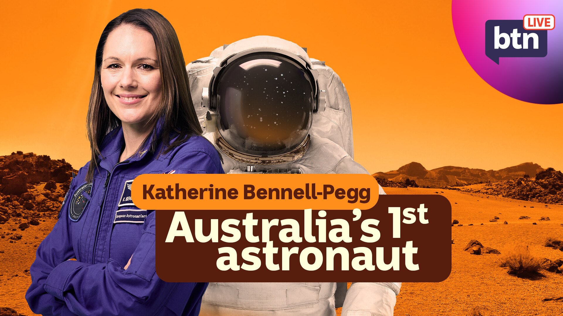 Katherine in space uniform standing arms crossed next to an astronaut suit. Both photoshopped onto the surface of Mars.