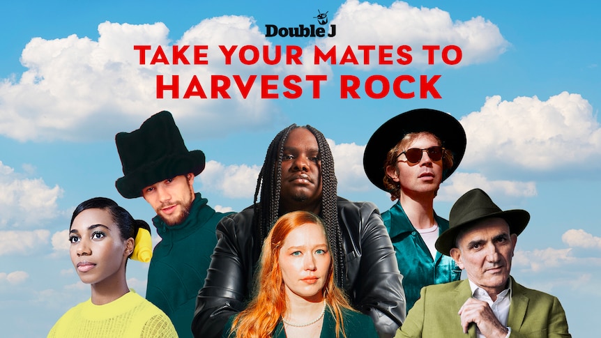 Composite of Santigold, Jamiroquai, Baker Boy, Julia Jacklin, Beck and Paul Kelly before a background of blue sky and clouds.
