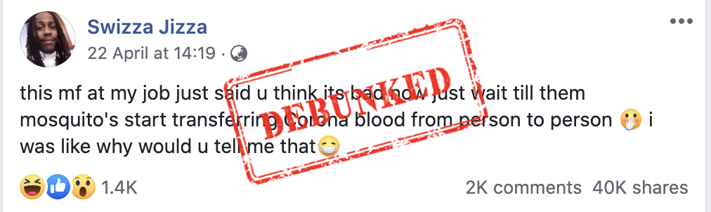 A facebook post which claims mosquitos can spread COVID-19 with a red debunked stamp overlay