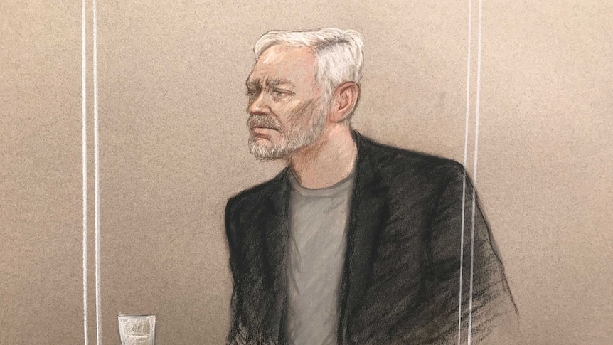 A court sketch of Julian Assange.