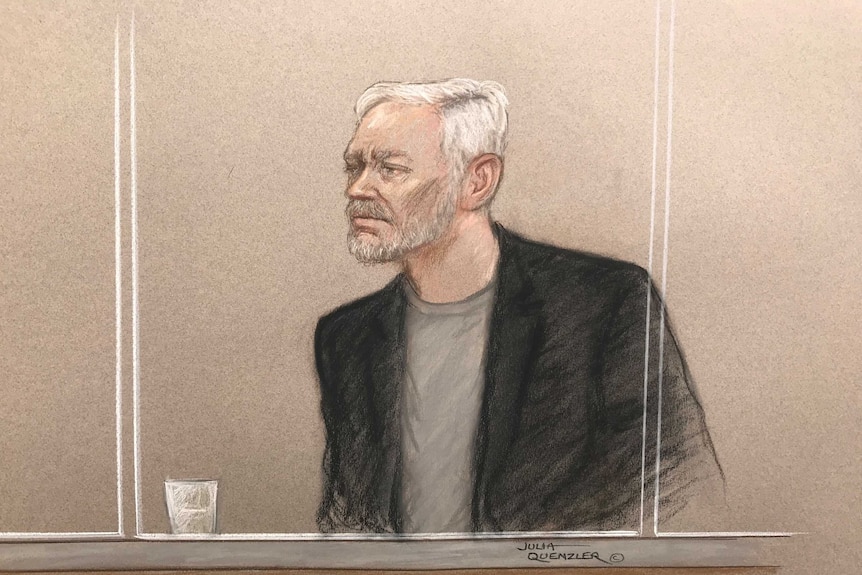 A court sketch of Julian Assange.