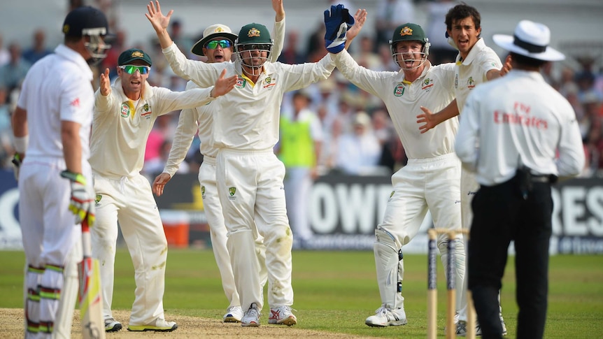 Australia appeals unsuccessfully for the wicket of Stuart Broad