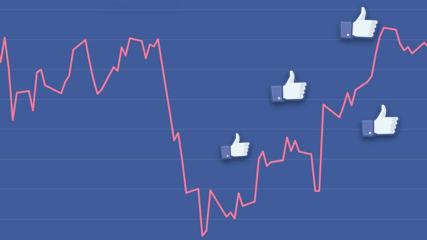 An illustration shows a chart of rising Facebook share prices superimposed with symbols of Facebook's Like button.