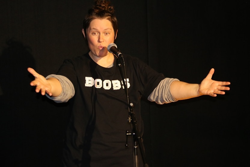 Selina Jenkins performing on stage her cabaret show boobs.