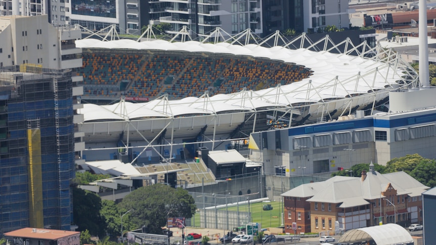 aerial view of massive sports stadium
