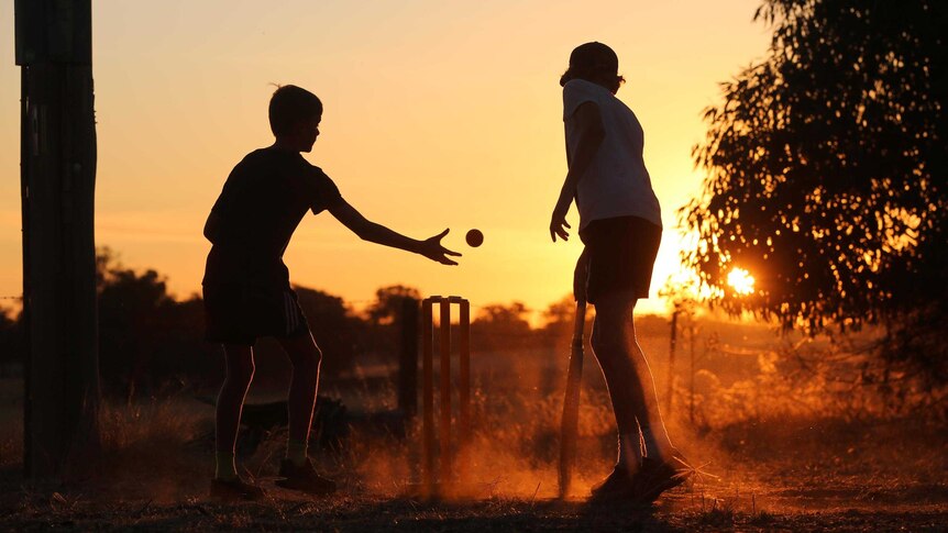 Two boys, silhouetted against the setting sun, play cricket in a dusty, rural setting.