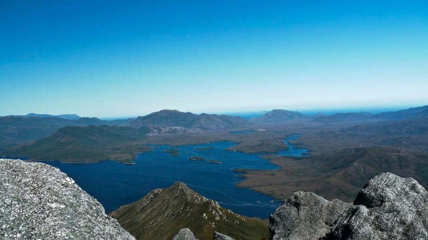 Bathurst Harbour taken from Mount Rugby in Tasmania's World Heritage Area.