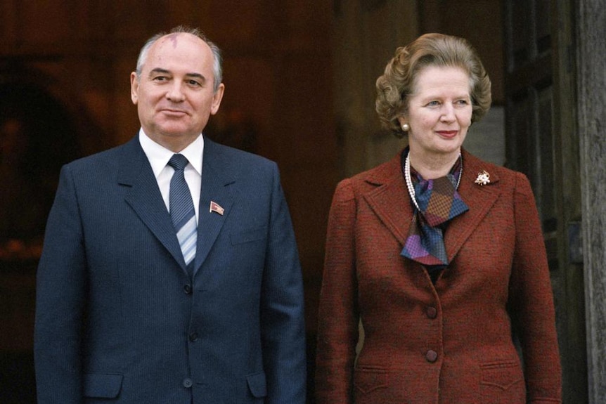 Mikhail Gorbachev standing next to the then UK Prime Minister Margaret Thatcher.