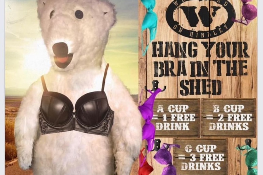 An ad for an Adelaide nightclub featuring a fake polar bear in a bra.
