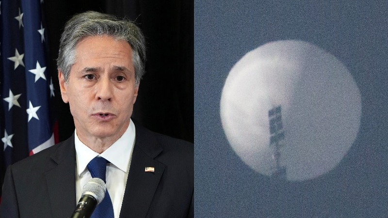 Composite image of US Secretary of State Antony Blinken and a Chinese balloon.